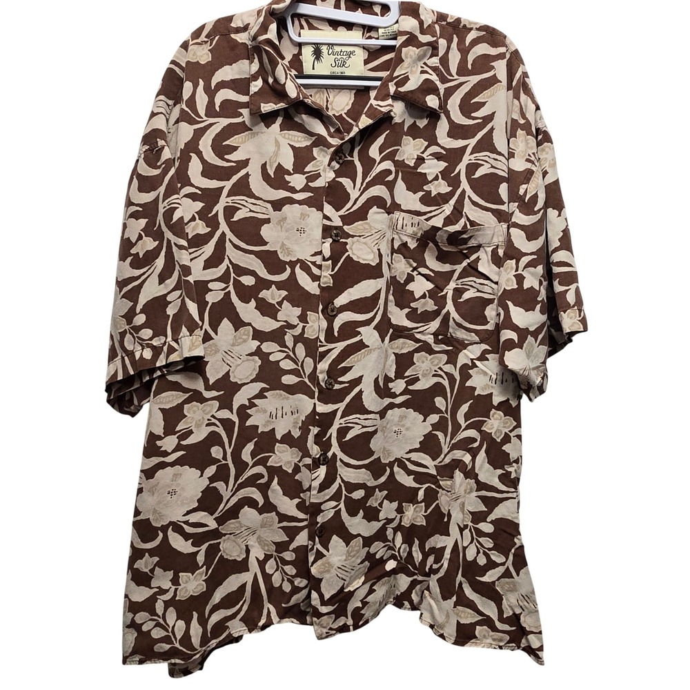 Vintage Silk Mens 2XL Brown Floral Tropical 100% Silk Hawaiian Resort Camp Shirt